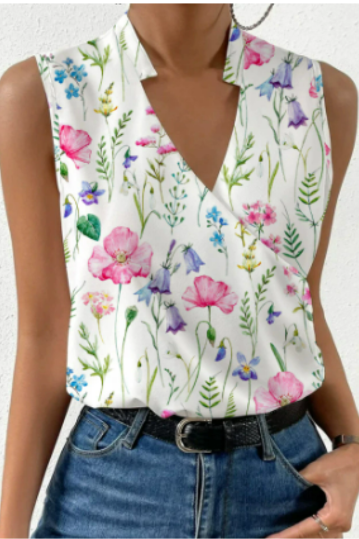 Versatile women's V-neck sleeveless blouse, a flowy wrap top perfect for casual outings or office elegance.