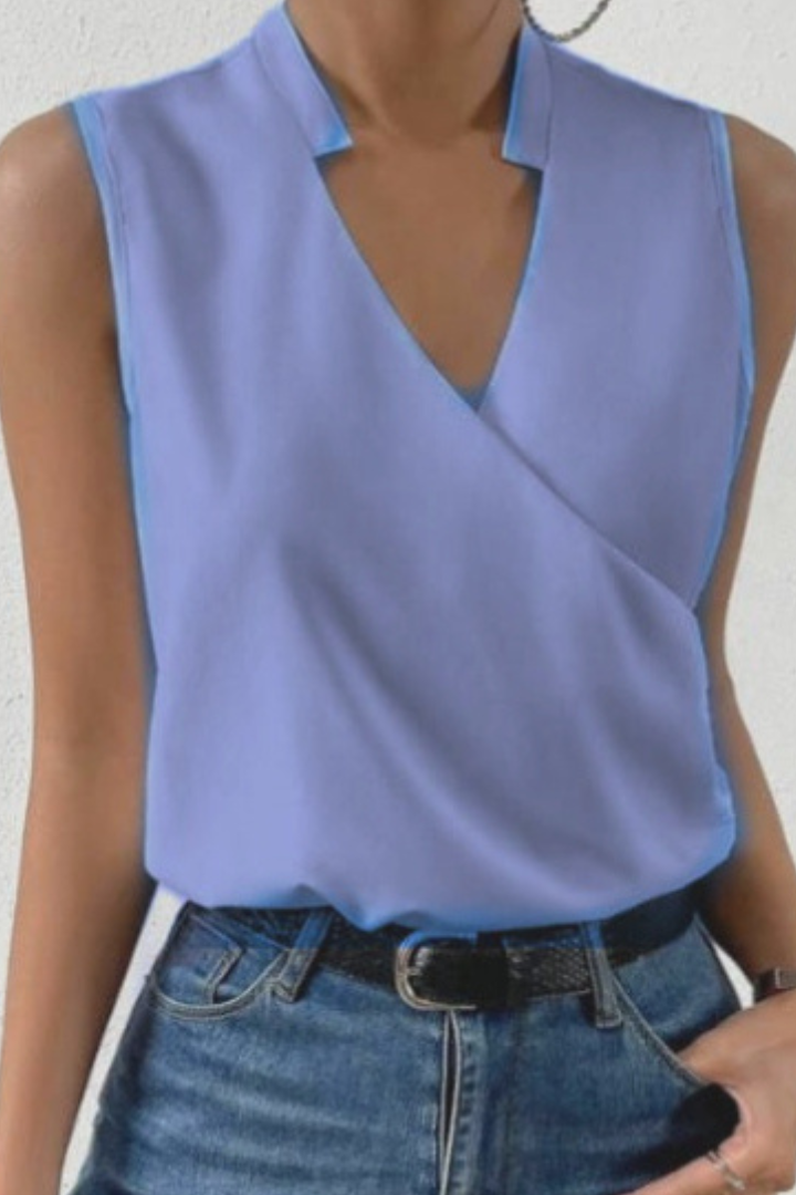 Stylish women's floral print V-neck sleeveless wrap blouse, ideal for summer fashion and casual wear.