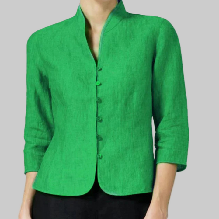Versatile women's stand-collar blouse, multi-color, three-quarter sleeve, button-front. Chic for work or daily wear.
