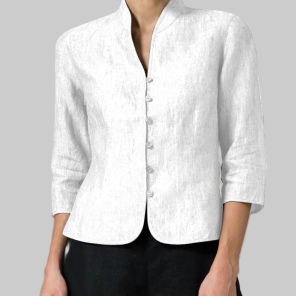 Stylish multi-color women's stand-collar blouse with three-quarter sleeves for elegant work or casual fashion.
