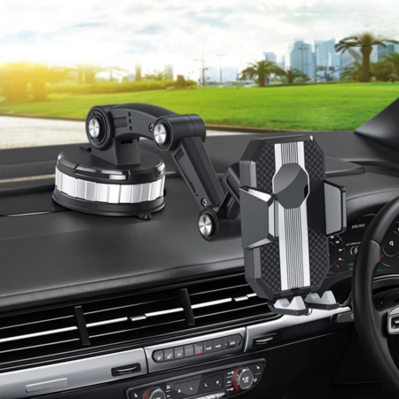Universal car phone mount with strong suction cup, adjustable arm, and 360° rotation for dashboard/windshield.