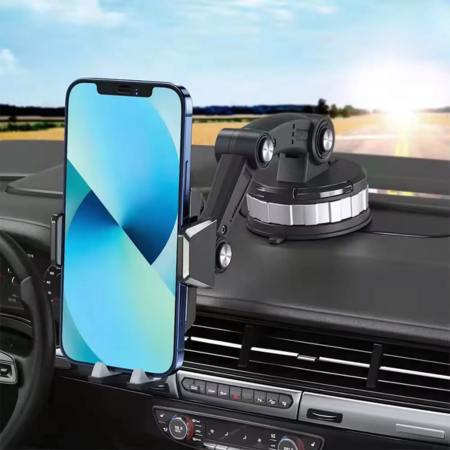 Sleek black universal phone mount for car, featuring strong suction for dashboard/windshield & 360° adjustable holder.