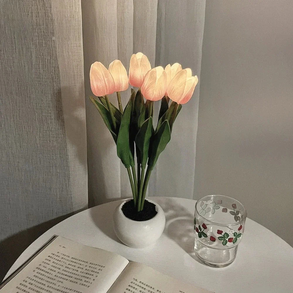 Soft glowing tulip night light, an elegant LED decorative lamp for a bedroom.