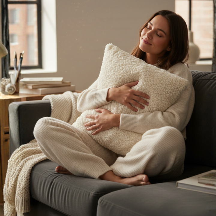 Plush teddy cushion cover in beige for cozy home decor and ultimate comfort.