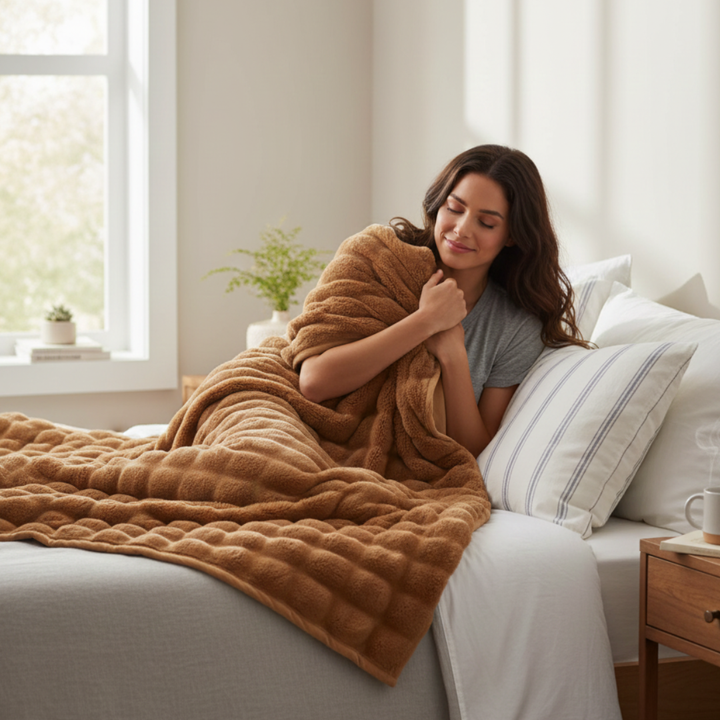 Cozy white plaid fleece throw blanket made from recycled polyester, perfect for living room comfort.