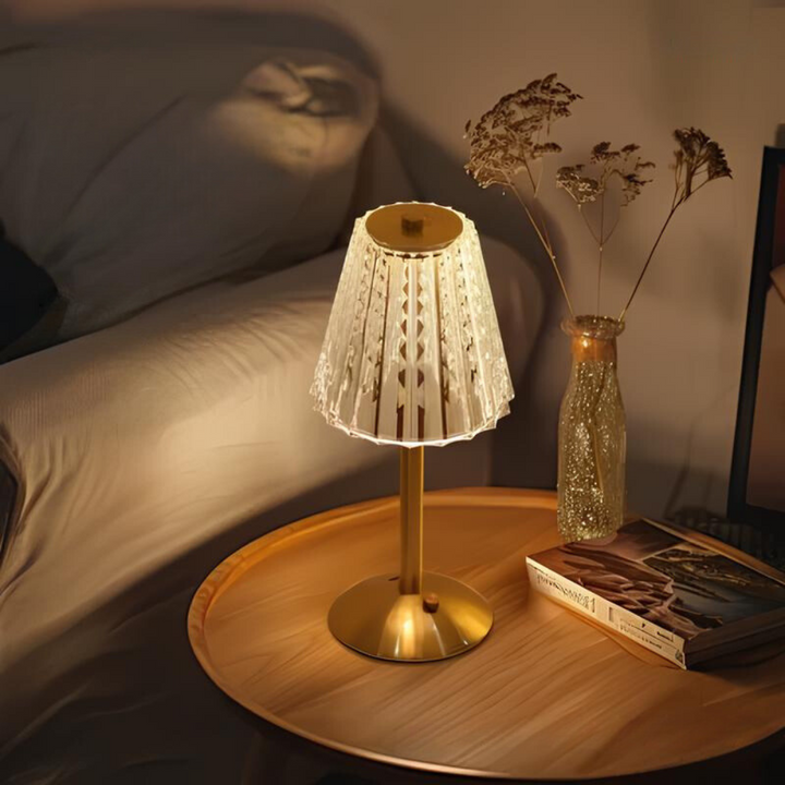 Elegant Dimmable LED Table Lamp, Golden Crystal design with convenient cordless touch control.