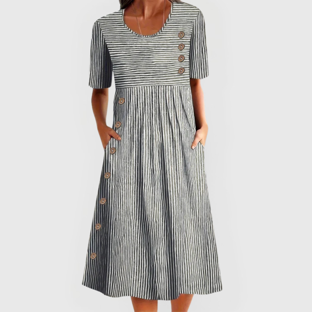Versatile women's gray striped midi dress, ideal for everyday wear. Effortless fashion & comfortable style.