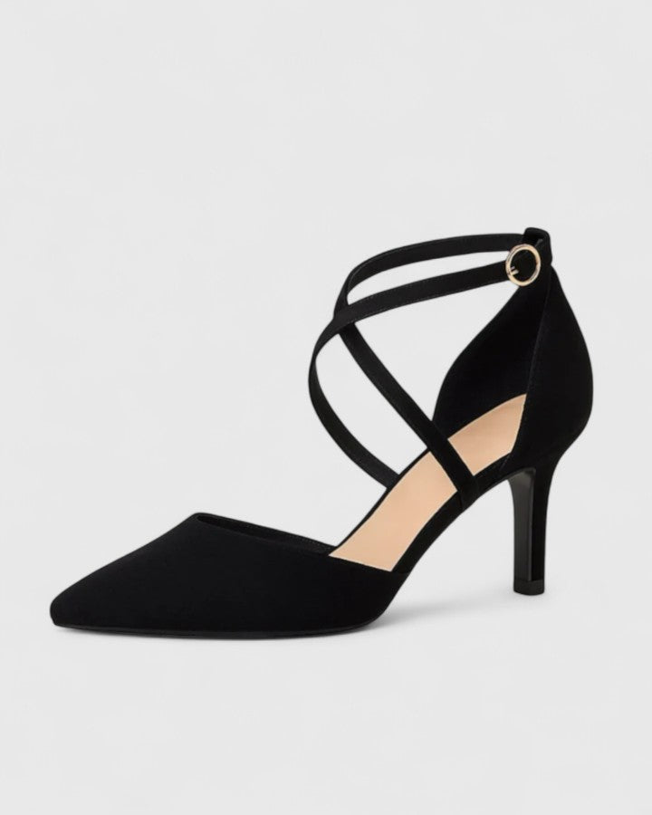 Stylish black women's heels with arch support. Offers foot pain relief & comfort, perfect for elegant wear & professional settings.