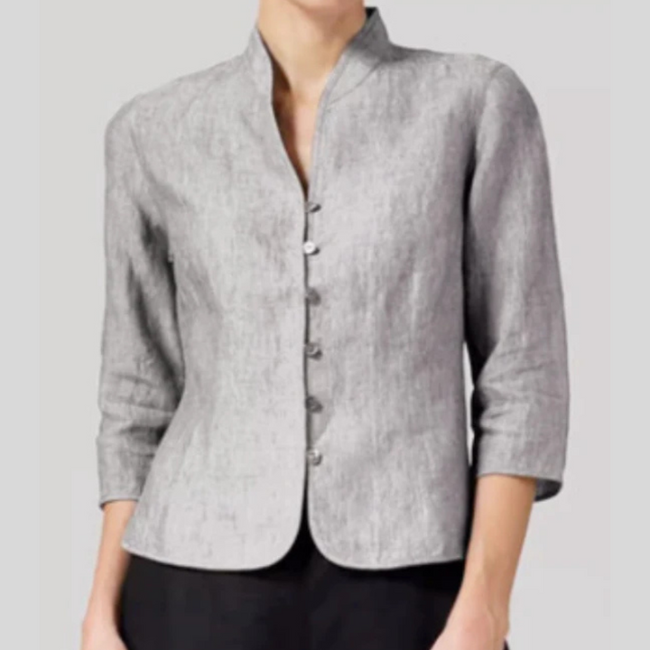 Women's multi-color stand-collar blouse with three-quarter sleeves & button front, perfect for chic work or casual wear.