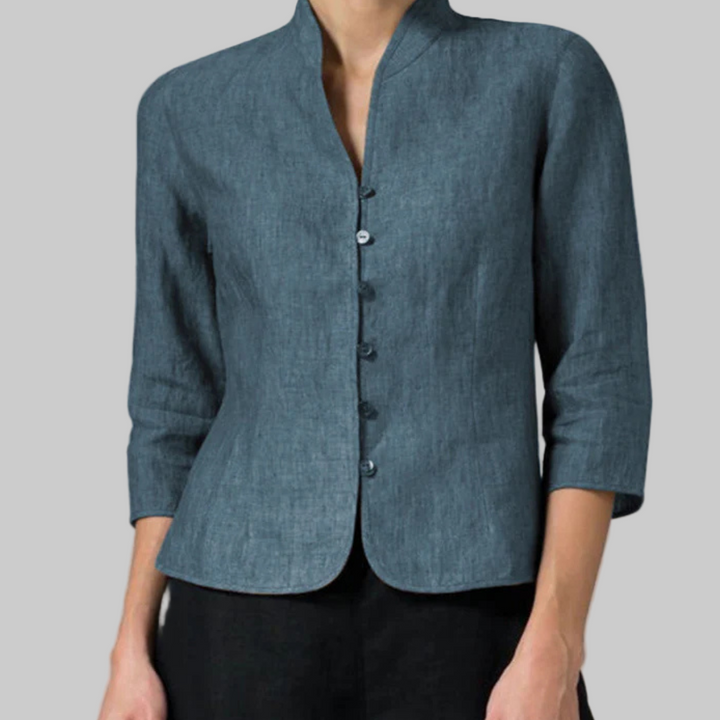Chic women's button-front stand-collar blouse, three-quarter sleeves. Multi-color versatile top for work & casual.