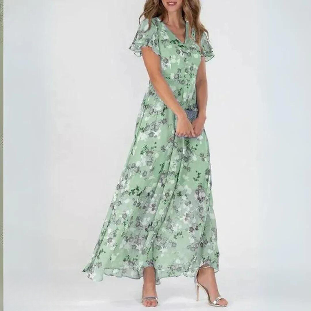 Vibrant floral print V-neck sleeveless maxi dress for women. Stylish party wear, ideal for summer evenings or vacation.