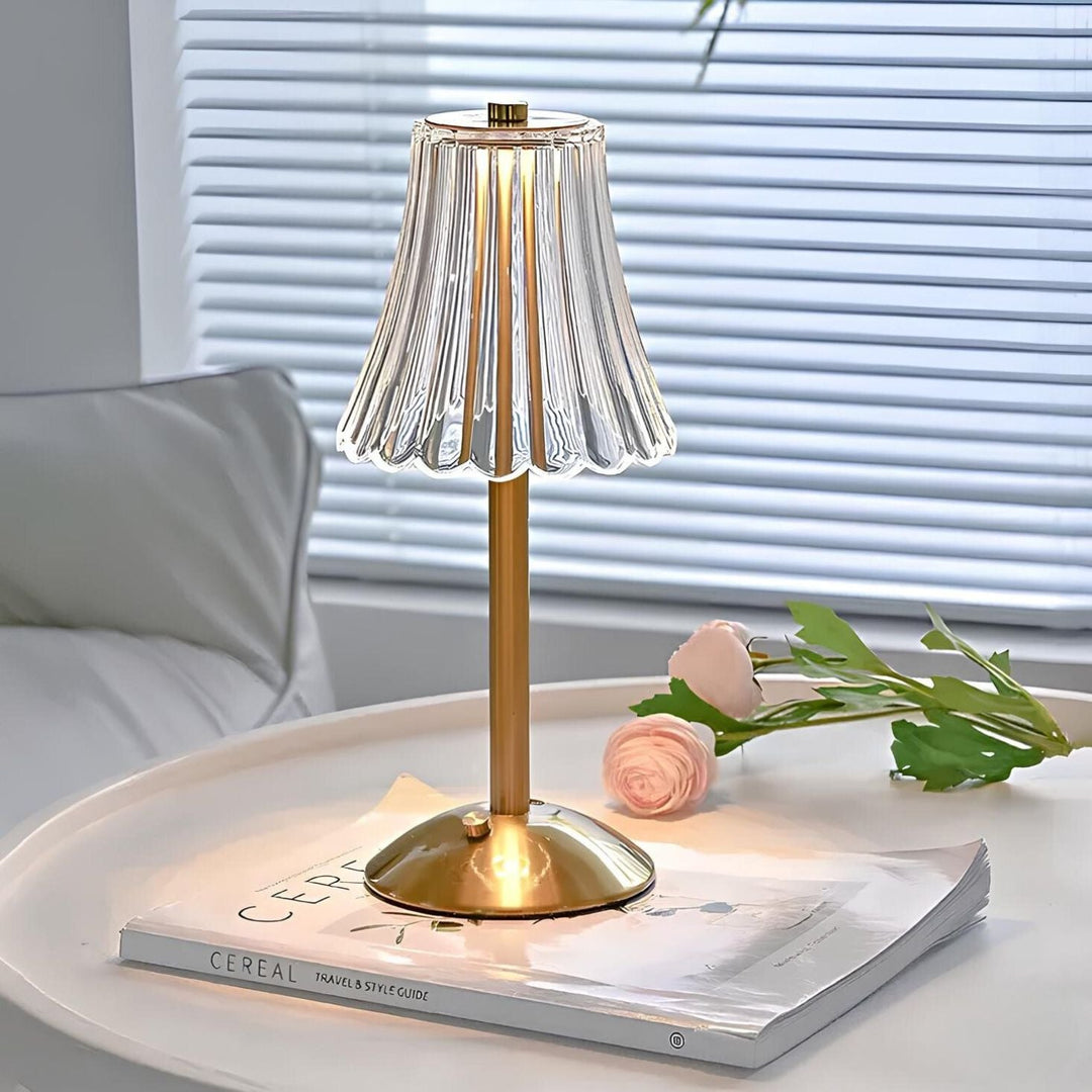 Cordless Touch Control Golden Crystal LED Table Lamp, dimmable for ambient light.
