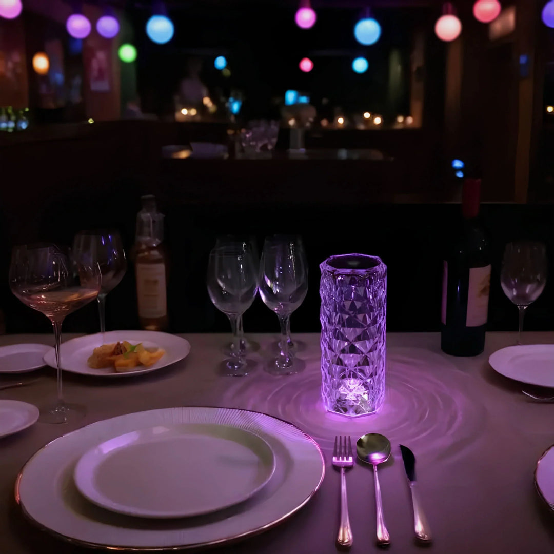 Decorative crystal accent lamp, dimmable, color-changing LED, perfect for modern home decor.