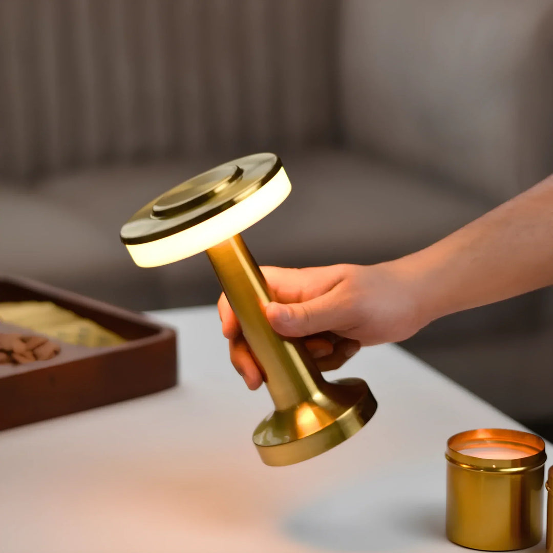 Portable LED retro lamp, rechargeable. Dimmable ambient lighting for bars, cafes, and patios.