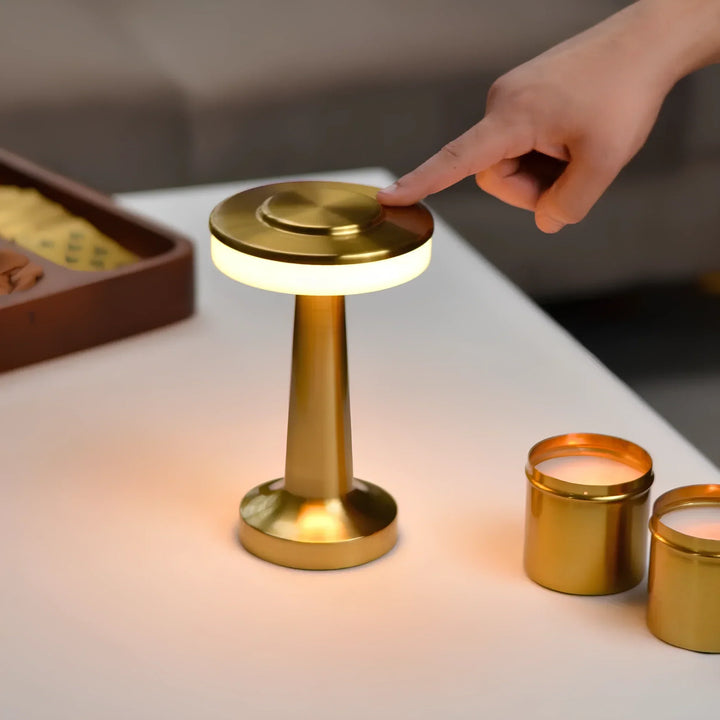 Metallic retro table lamp, LED rechargeable. Perfect accent lighting for bars & contemporary homes.