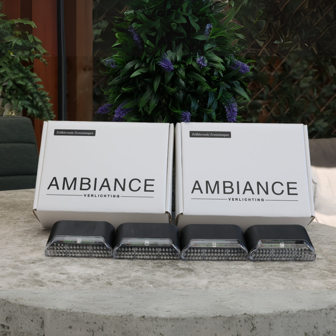 Sleek waterproof solar LED step lights for modern outdoor garden paths & deck stairs. Self-adhesive design.