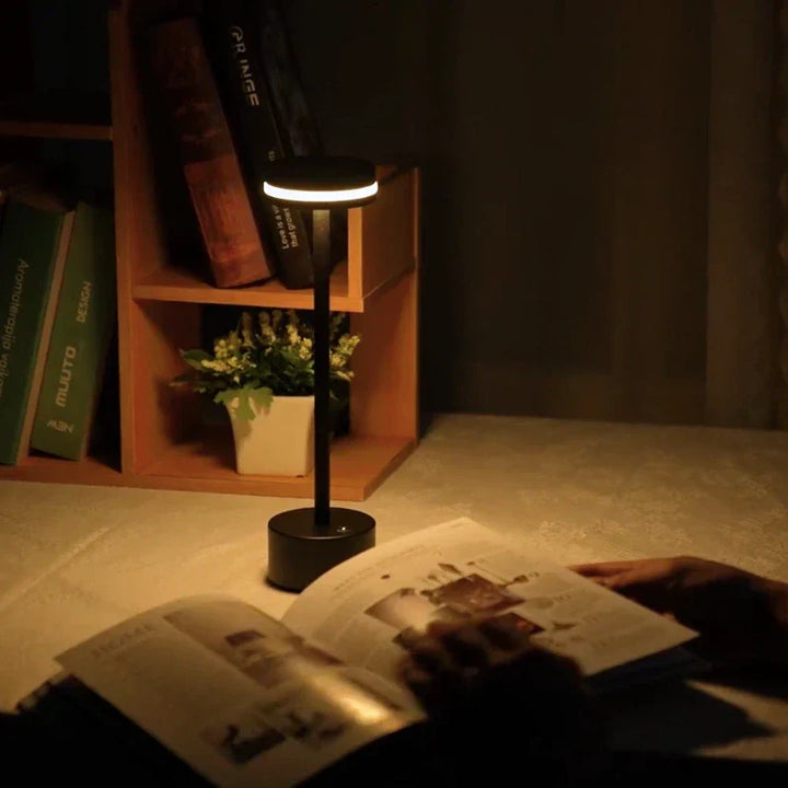Portable "Cosmic Elegance" dimmable LED lamp, rechargeable and perfect for modern homes.