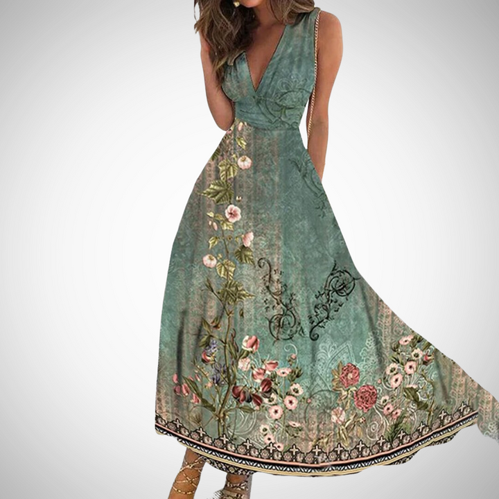 Women's Floral V-Neck Fit & Flare Maxi Dress
