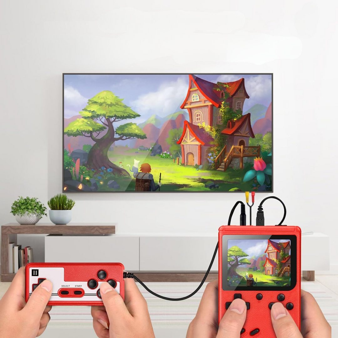 Close-up of a portable retro game player screen displaying a vibrant classic arcade game from its 400+ collection.