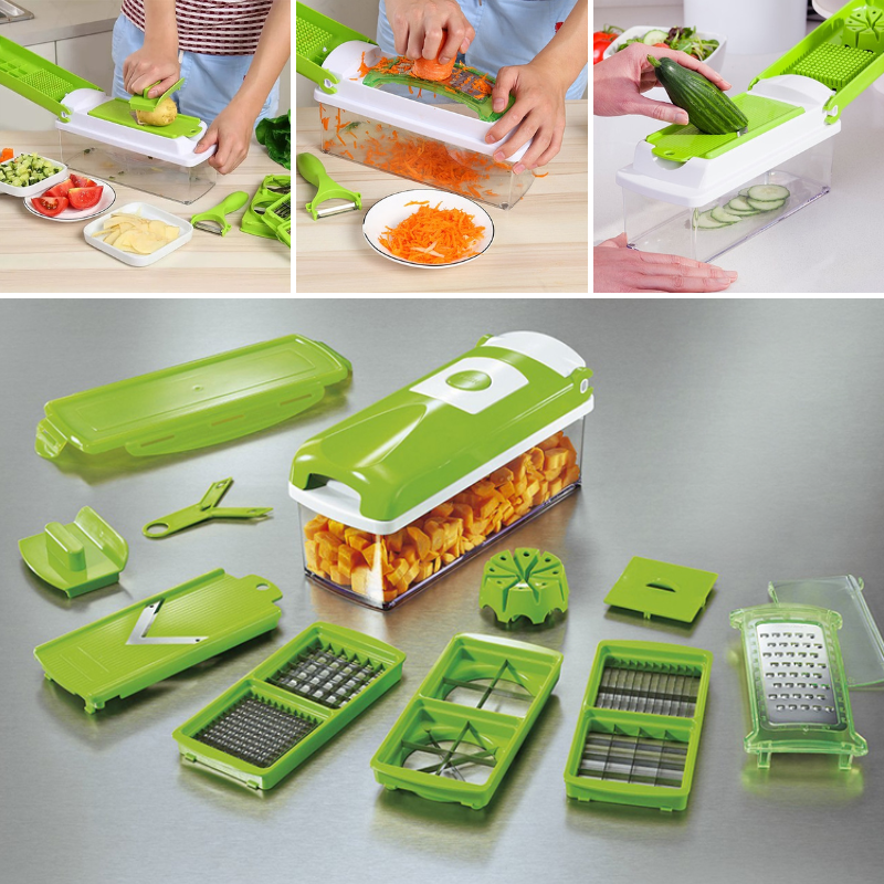 Multi-function 12-in-1 vegetable slicer, chopper, dicer & grater with various blades for easy food prep.
