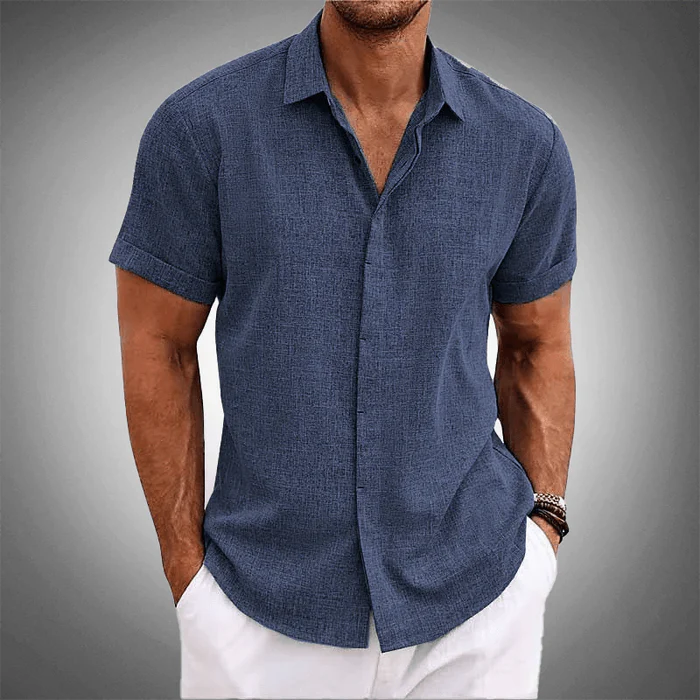 Breathable men's short sleeve collared shirt, ideal for comfortable wear in warm summer weather.