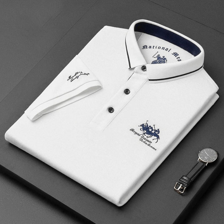 Classic men's short-sleeve polo shirt. Stylish button-up design for versatile casual fashion.