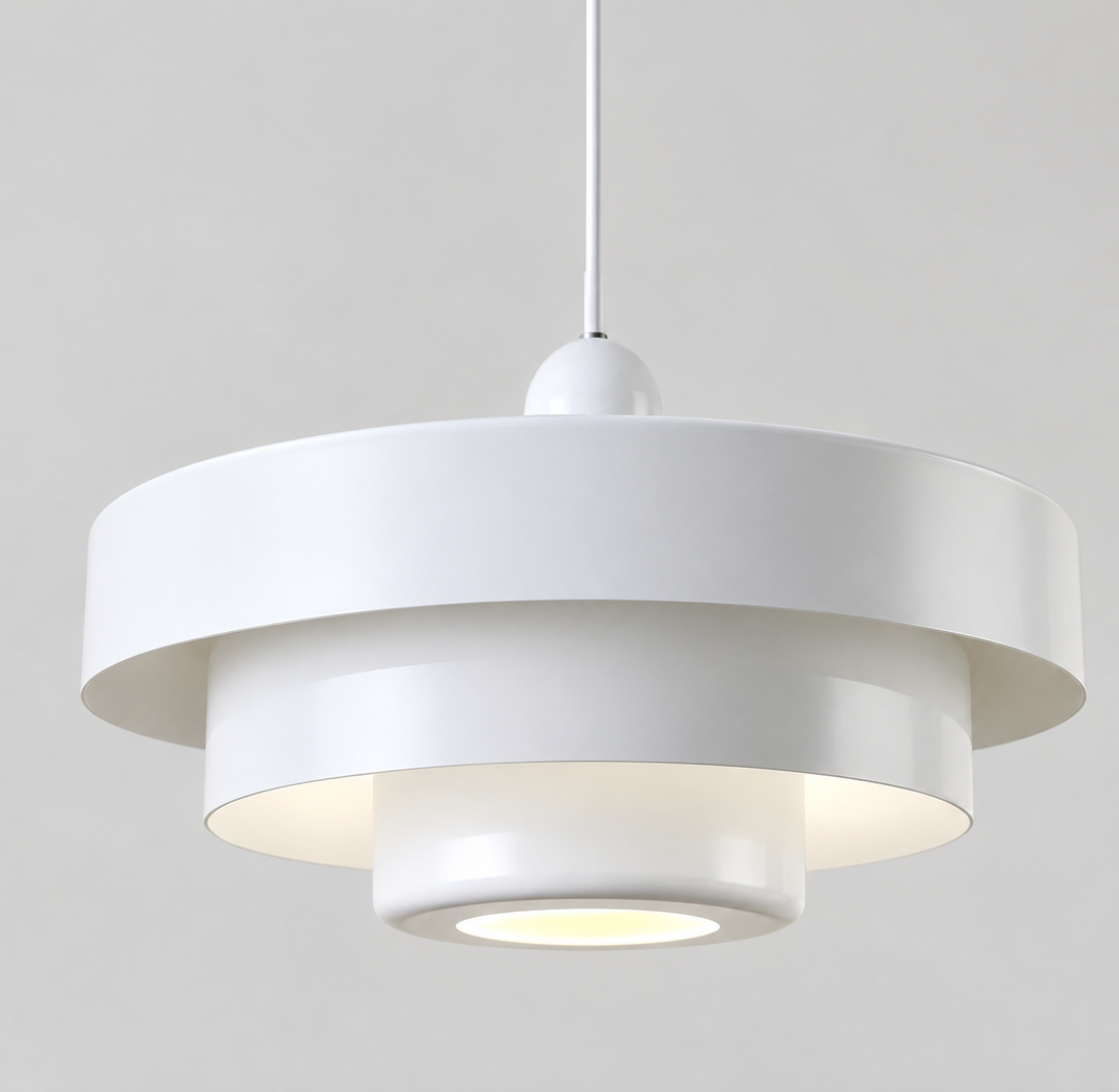 Unique modern tiered round ceiling light, colorful macaron design for contemporary offices.