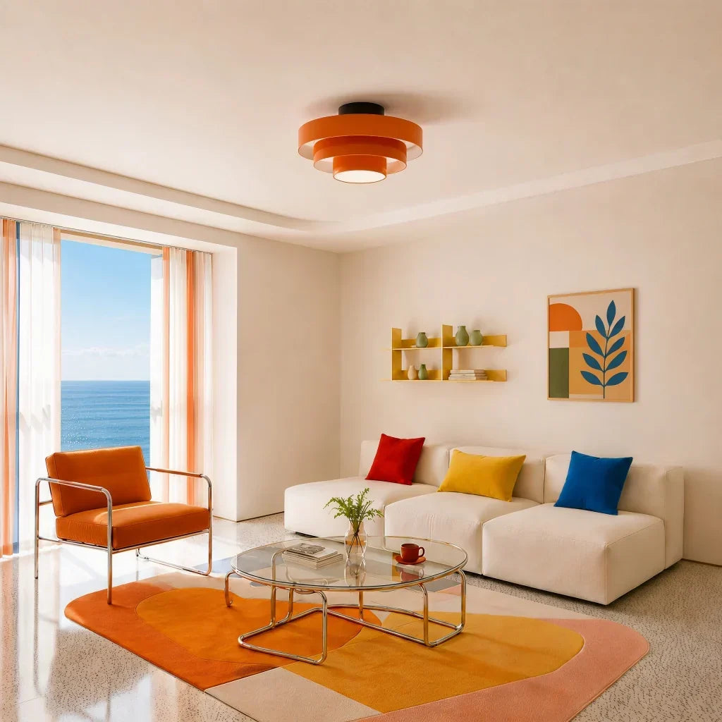 Bauhaus style round tiered ceiling light, adds colorful ambient light to any room.