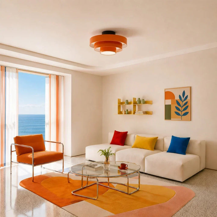 Bauhaus style round tiered ceiling light, adds colorful ambient light to any room.