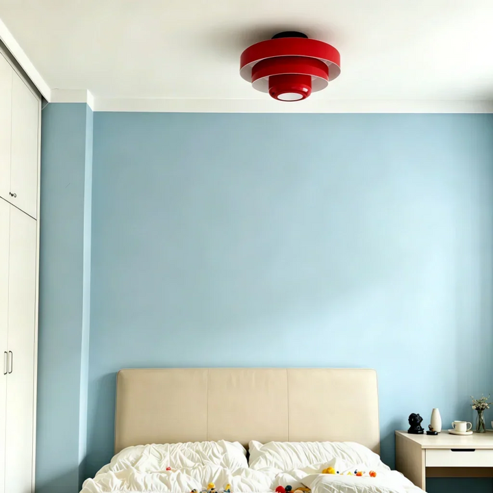 Vibrant round tiered ceiling light, a contemporary macaron lamp for stylish interiors.
