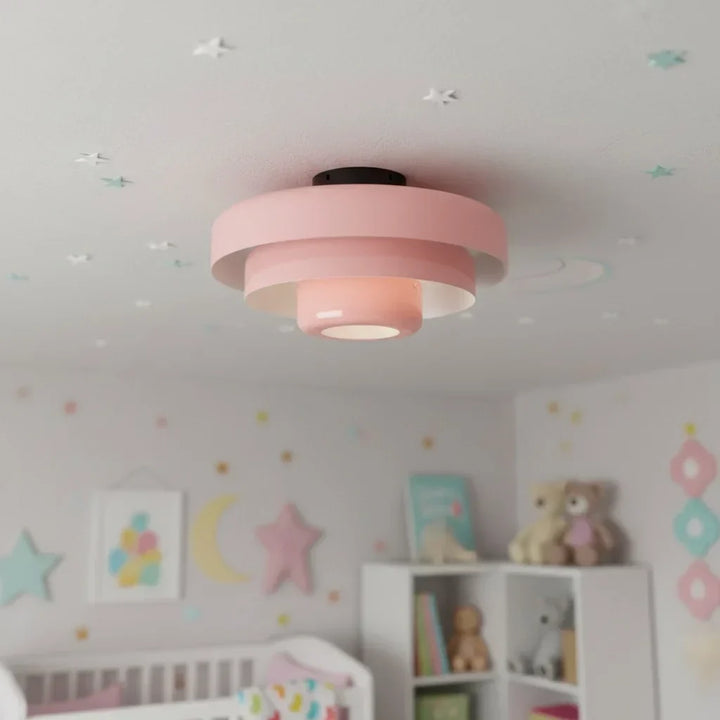 Sophisticated tiered round macaron ceiling light, chic ambient lighting for bedrooms.