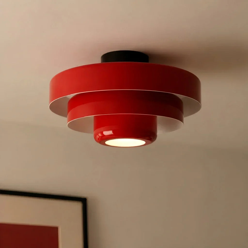 Contemporary tiered round ceiling light, vibrant macaron lamp for stylish cafes.