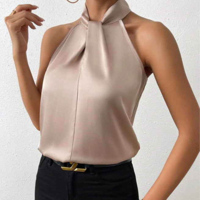 Women's elegant knot neck blouse; chic, versatile style for various occasions.