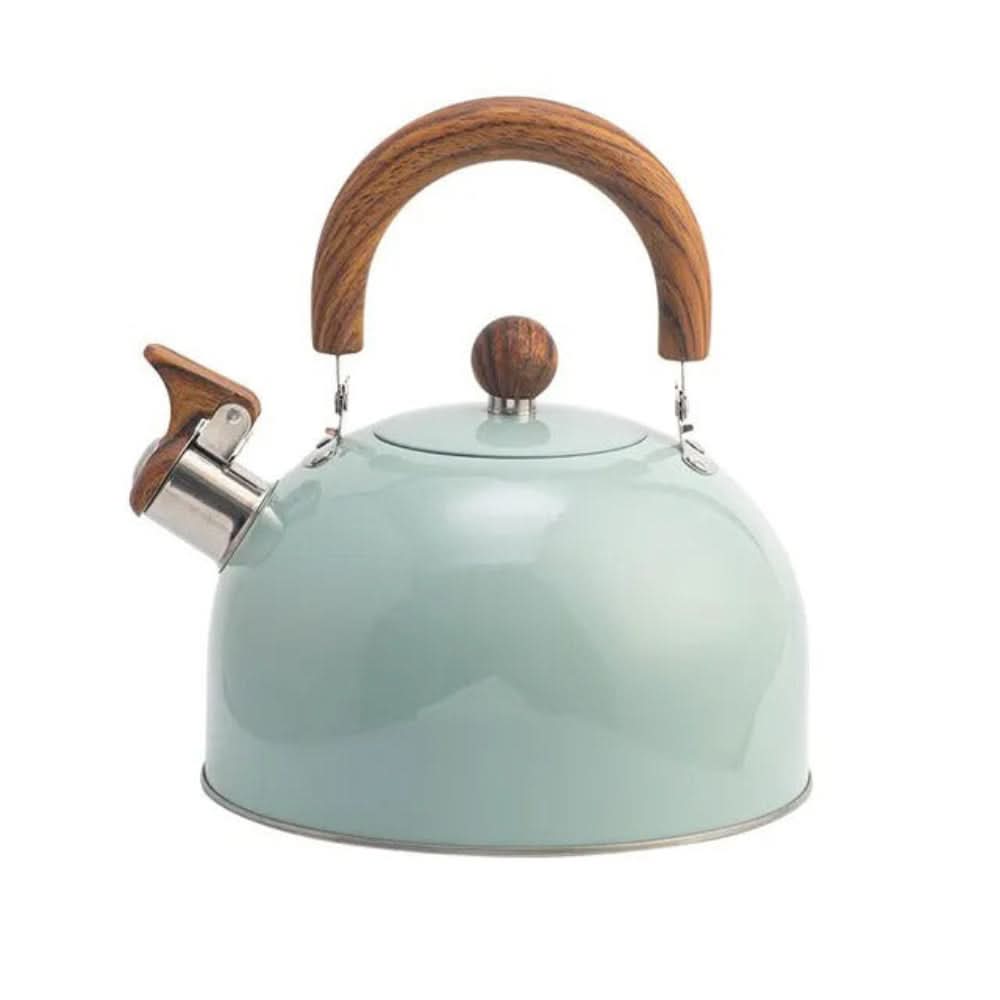 Modern stainless steel whistling tea kettle for hot water, features a comfortable ergonomic handle. Cooktop safe.