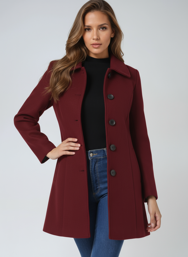 Classic tailored women's single-breasted trench coat. Elegant long jacket, perfect for cold weather & professional settings.