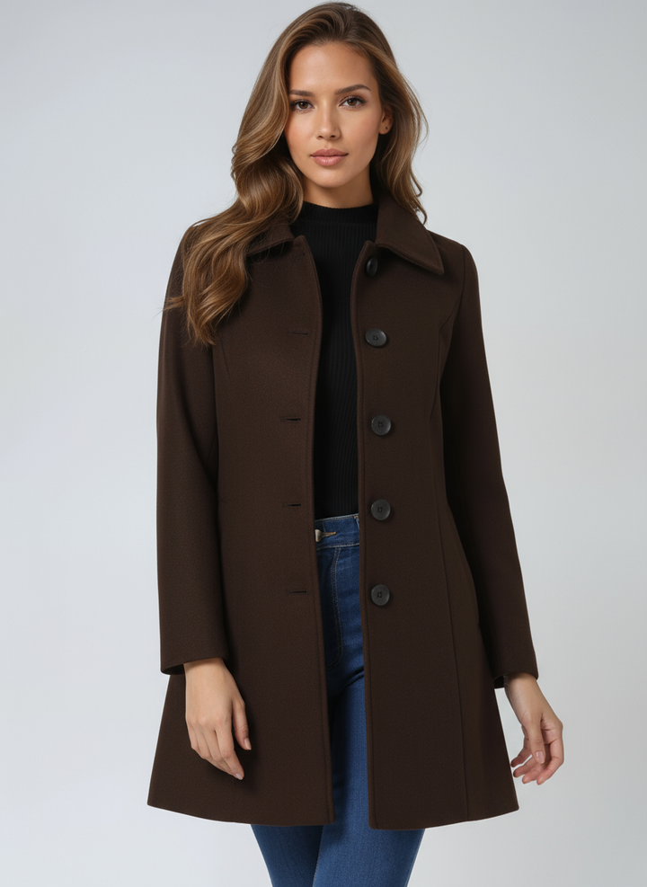 Stylish women's elegant single-breasted trench coat. Classic long outerwear, perfect for chic winter & office looks.