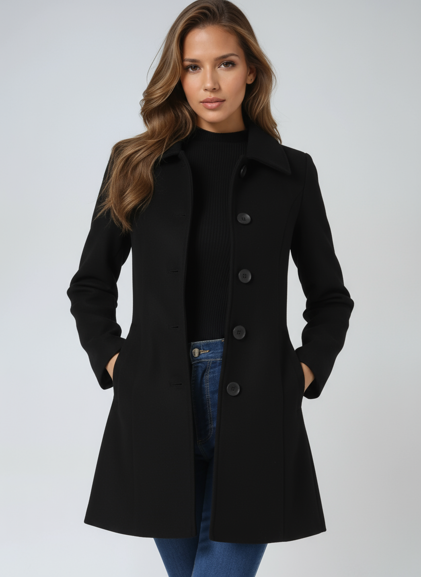 Women's classic single-breasted trench coat in black. Tailored long outerwear, perfect for elegant office wear & winter.