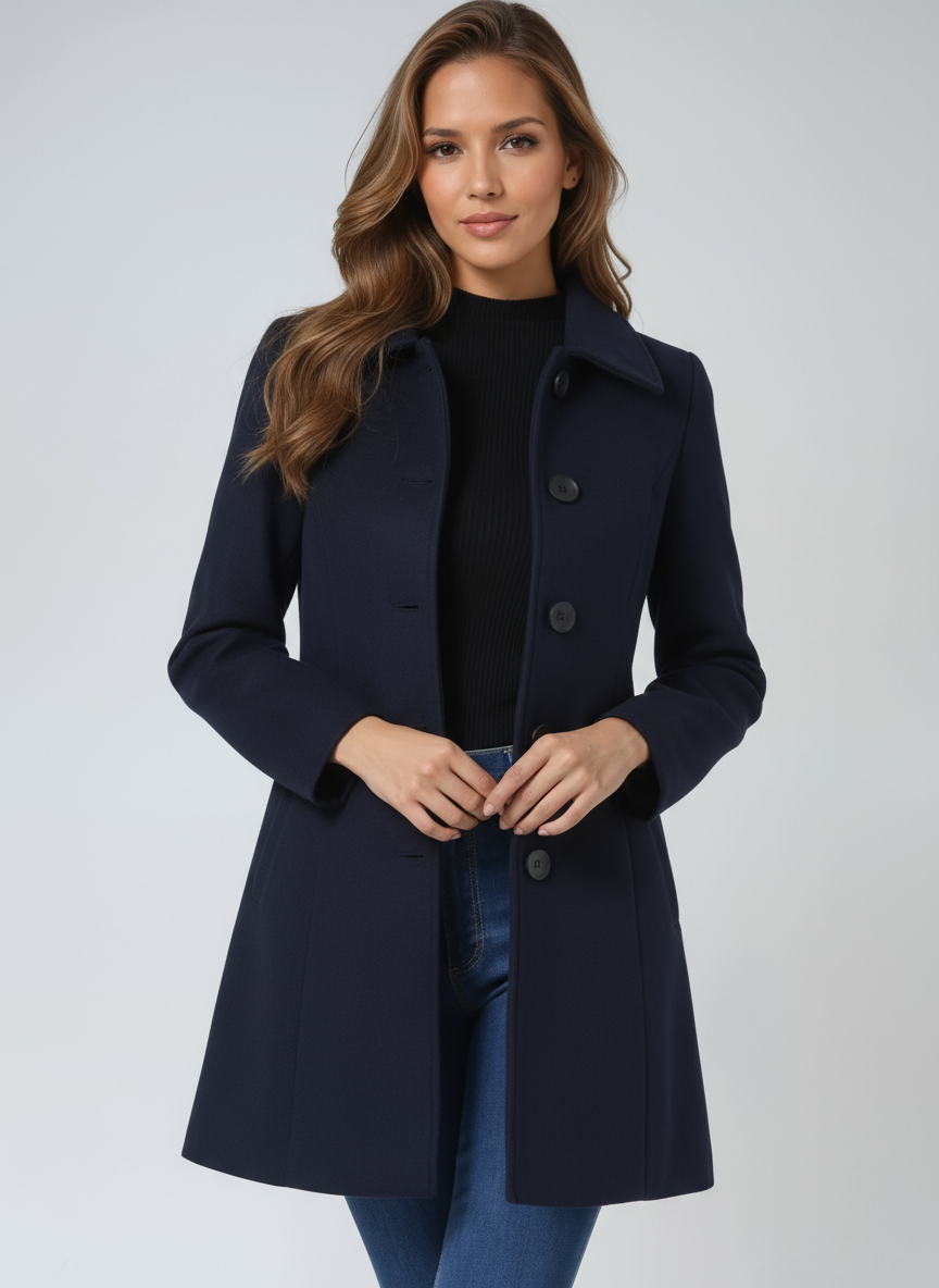 Chic women's tailored trench coat, single-breasted. Versatile outerwear for elegant winter & office outfits.