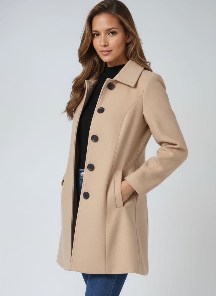 Classic single-breasted trench coat for women. Elegant, tailored outerwear, ideal for office & cold weather.