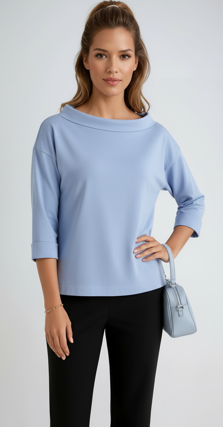 Elegant women's boat neck 3/4 sleeve top with a relaxed fit. Perfect for versatile office wear or casual outings.