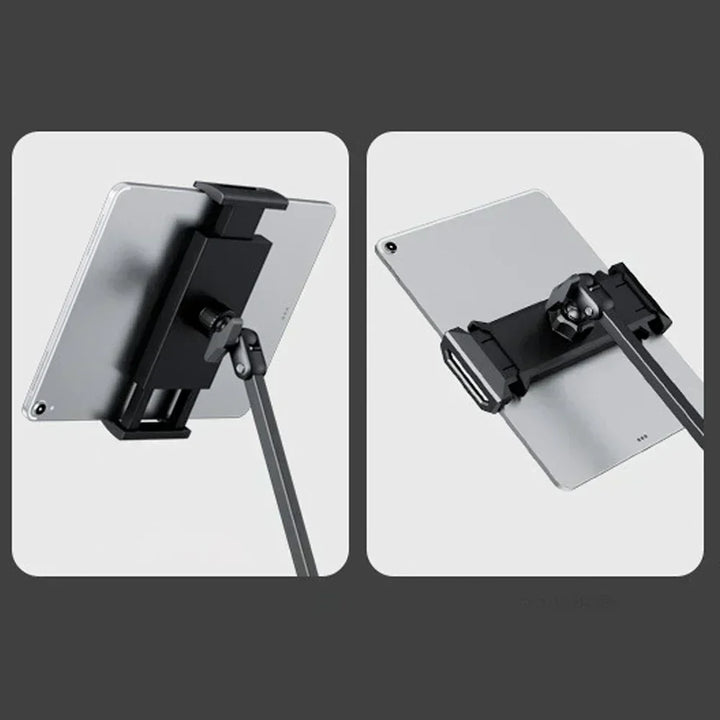 Adjustable tablet stand for desk & bed, features 360° rotation and strong aluminum arm.