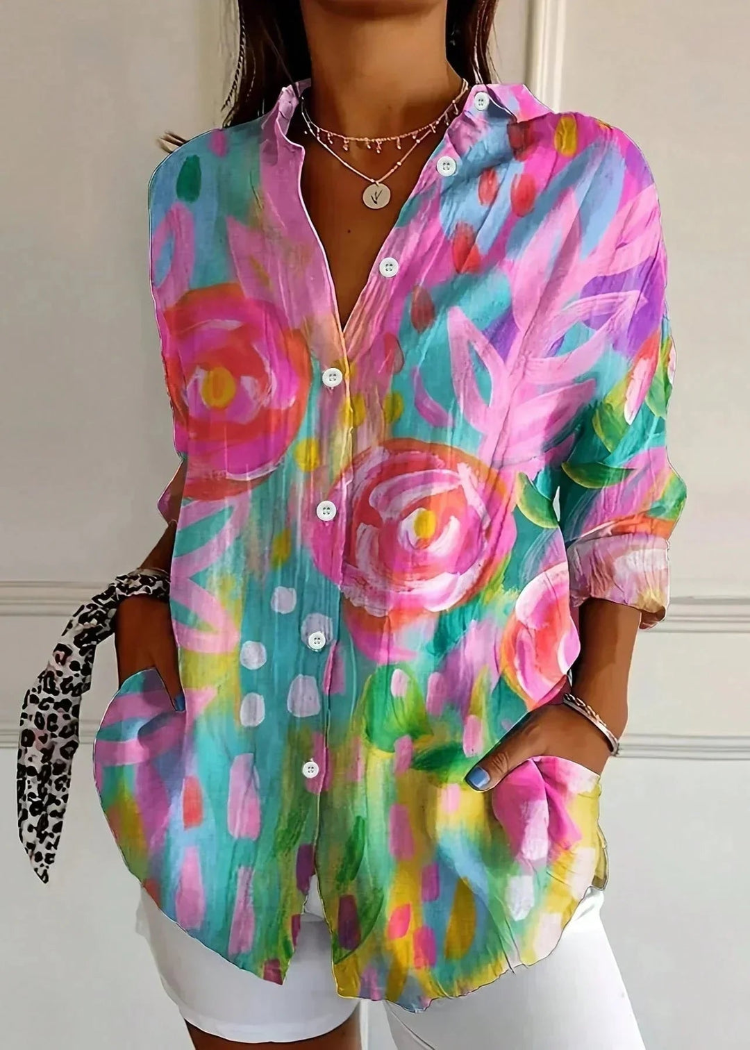 Women's button-front blouse with 3/4 sleeves, perfect for casual or dressy summer outfits. Lightweight & versatile.