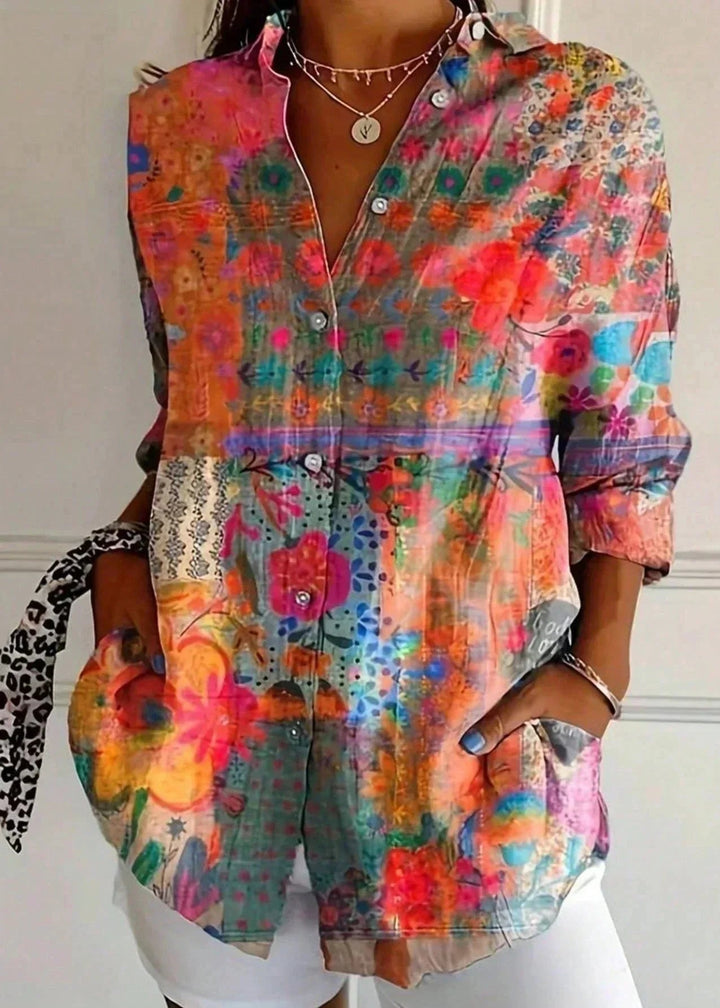 Stylish women's button-front blouse featuring comfortable three-quarter sleeves for versatile summer fashion.