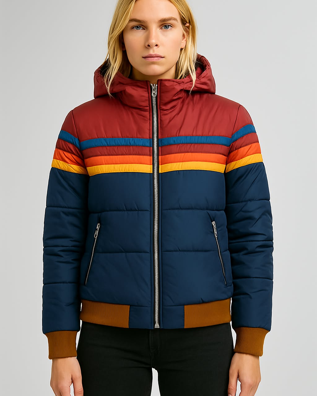 Vibrant retro striped women's jacket for a colorful and trendy fashion statement. Lightweight outerwear.