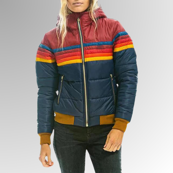 Fashionable women's jacket featuring vibrant retro stripes. A colorful statement piece for trendy outerwear.