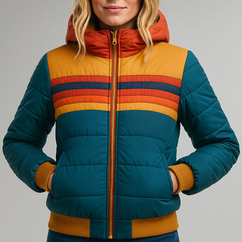 Lightweight women's jacket with vibrant retro stripes. Trendy fashion outerwear for a stylish, comfortable look.