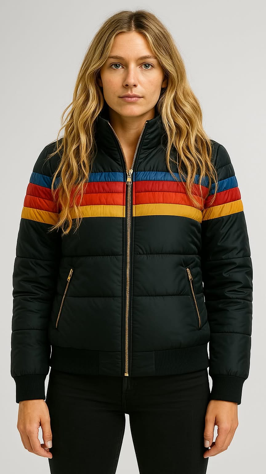 Women's colorful retro striped jacket. Vibrant fashion outerwear, perfect for a casual yet trendy look.