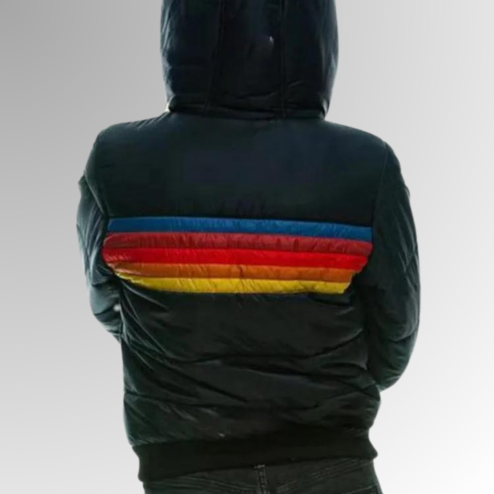 Statement piece women's vibrant retro striped jacket. Trendy and comfortable fashion outerwear with a colorful design.