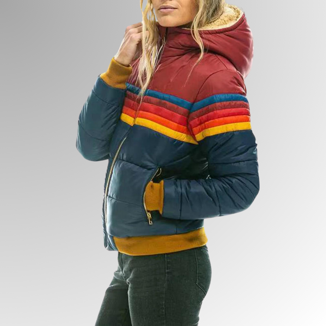 Vintage-inspired women's jacket with vibrant retro stripes. Colorful and lightweight fashion outerwear for comfort.