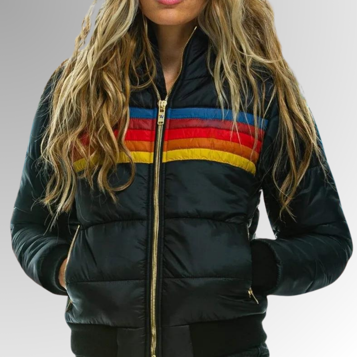 Vibrant retro striped women's jacket designed for all-day comfort. Trendy and colorful casual fashion outerwear.